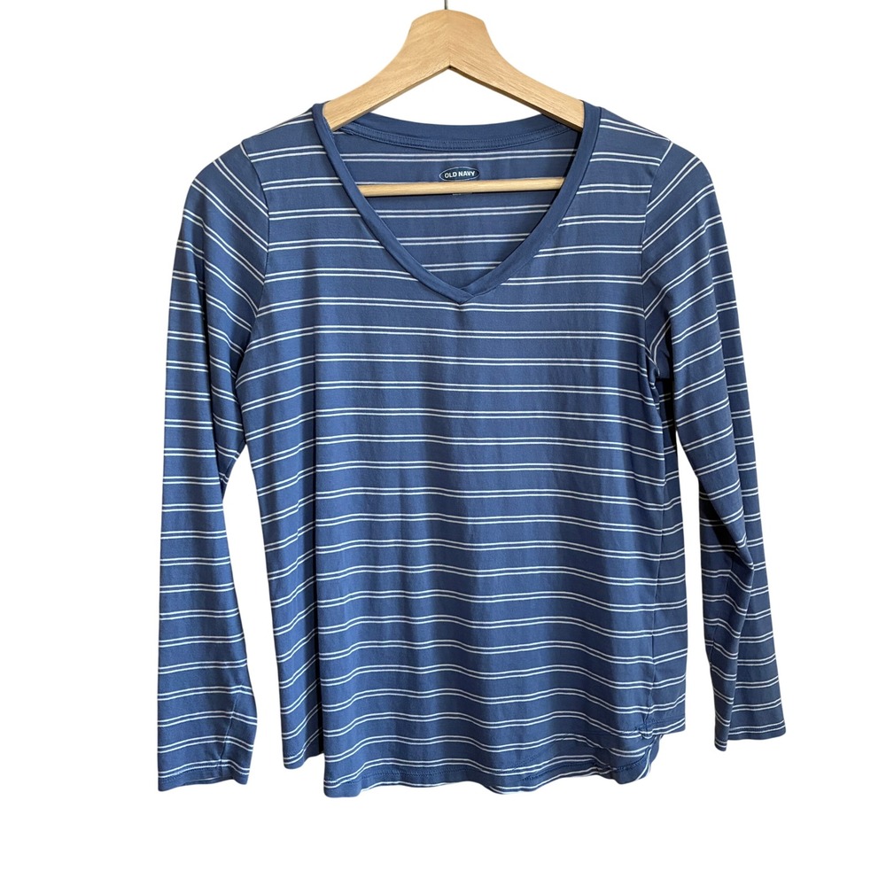 Old Navy EveryWear V-Neck Striped Long Sleeve Tee XS Blue Women 100% Cotton